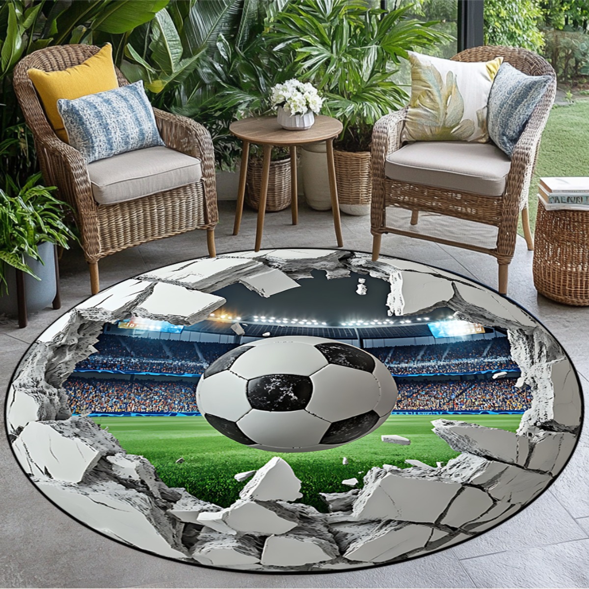 Kids Outdoor Mat Waterproof - 3D Football Field Round Area Rug,